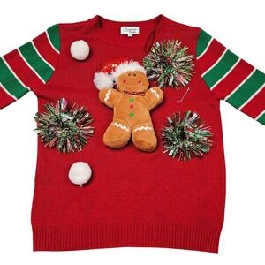 Gingerbread Man Ugly Christmas Sweater Small Red Green Stripe Holiday Plush 3D